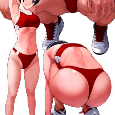 original, original character, mibu natsuki, 1girls, ass, bangs, big ass, big breasts, big butt, black hair, blue eyes, butt, crouching, dat ass, fat ass