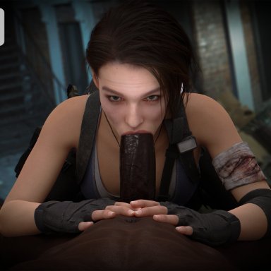 resident evil, resident evil 3 remake, jill valentine, jill valentine (sasha zotova), currysfm, 1boy, 1girls, :&gt;=, big penis, brown hair, dark-skinned male, dark skin, fellatio, female, interracial