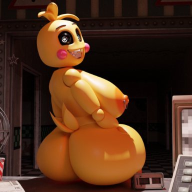 five nights at freddy's, five nights at freddy's 2, toy chica (fnaf), feversfm, anthro, heart-shaped pupils, large areolae, large ass, large breasts, looking back, nipple piercing, nipples, robot, sideboob, smiling