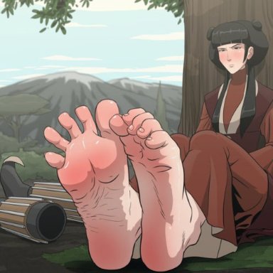 avatar the last airbender, mai (avatar), einom, black hair, boots, boots removed, feet, foot fetish, foot focus, mountain, outside, red soles, soles, toe scrunch, toes