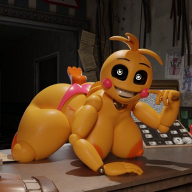 five nights at freddy's, five nights at freddy's 2, toy chica (fnaf), feversfm, anthro, feet up, large areolae, large ass, large breasts, looking at viewer, nipple piercing, nipples, on table, pink panties, robot