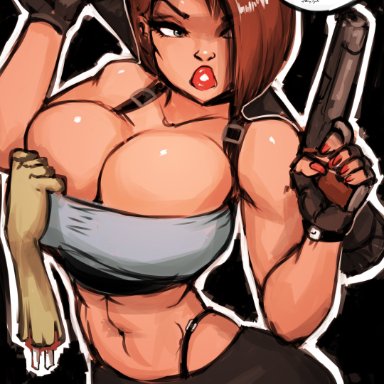 capcom, resident evil, resident evil 3, jill valentine, aleksandrgav, brown hair, busty, crop top, g-string, hourglass figure, miniskirt, pinup pose, short hair, skimpy, skimpy clothes