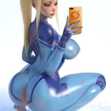 metroid, nintendo, samus aran, popogori, 1girls, ass, big ass, big breasts, blonde hair, blue eyes, bodypaint, breasts, dat ass, female, female only