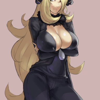 game freak, nintendo, pokemon, cynthia (pokemon), eu03, 1girls, big breasts, black clothing, blonde hair, breast hold, breasts, busty, center opening, cleavage, clothed