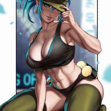 king of fighters, leona heidern, dandon fuga, 1girls, abs, big breasts, blue eyes, blue hair, cap, earrings, female only, looking at viewer, military clothing, ponytail, tank top