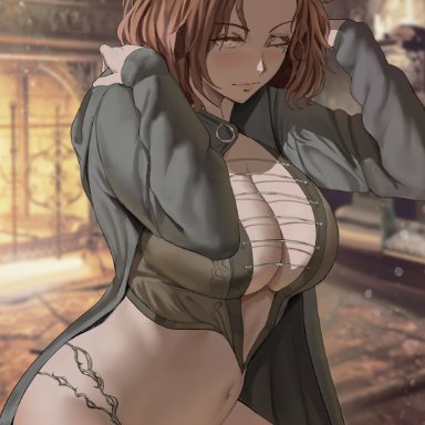 elden ring, fromsoftware, melina (elden ring), shexyo, 1girls, breasts, brown hair, cleavage, cloak, clothed, clothed female, female, female only, hips, huge breasts