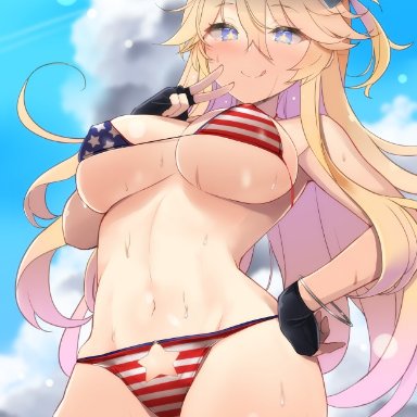 kantai collection, iowa (kantai collection), shin (new), :q, ahoge, american flag bikini, american flag legwear, bangs, bikini, blonde hair, blue eyes, blue sky, blush, bracelet, breasts