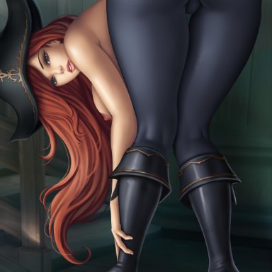 league of legends, miss fortune, flowerxl, 1girls, ass, bent over, big ass, black high heel boots, blue hair, brown hair, brown lipstick, brown nipples, detailed background, female, female only