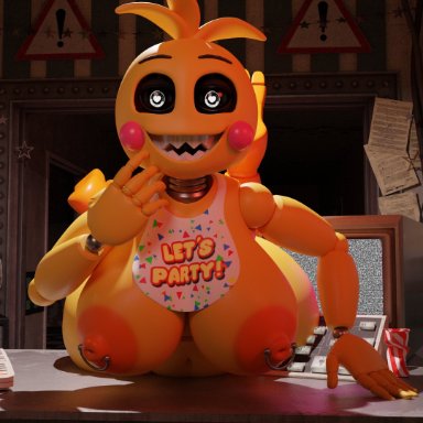 five nights at freddy's, lovetaste chica, toy chica (fnaf), toy chica (love taste), feversfm, anthro, breasts, feet up, heart-shaped pupils, large areolae, large breasts, looking at viewer, nipple piercing, nipples, on table