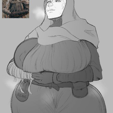 elden ring, fromsoftware, varre (elden ring), hikinks, 1girls, arms under breasts, big breasts, breasts bigger than head, female, front view, gray background, huge breasts, looking at viewer, mask, solo