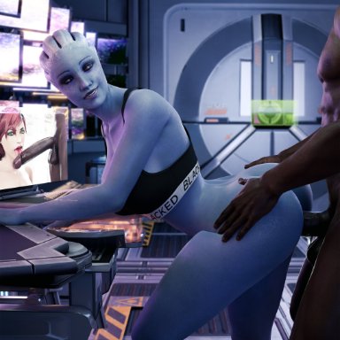 blacked, mass effect, asari, commander shepard, femshep, liara t'soni, currysfm, 1boy, 1girls, alien, big ass, big penis, blacked clothing, dark-skinned male, dark skin