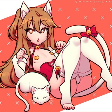 original, original character, re-sublimity-kun, 1boy, brown hair, cat ears, cat tail, catboy, cute, femboy, kitty loaf, male, male only, panties, penis