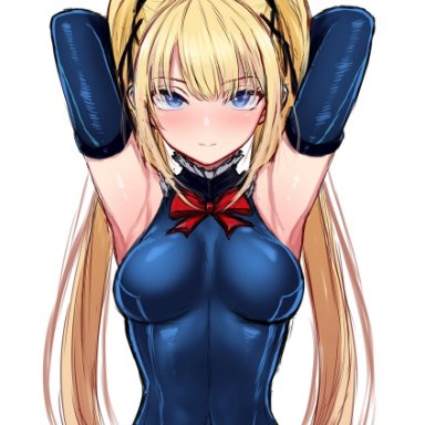 dead or alive, dead or alive 5, marie rose, intoz, 1girls, armpits, arms up, black ribbon, blonde hair, blue eyes, blush, bow, breasts, clothed, clothing