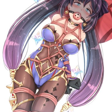 genshin impact, mona (genshin impact), aster-effect, arms behind back, ball gag, bondage, drool, drooling, gold accessory, legs tied, legs tied together, long hair, purple hair, rope between breasts, rope bondage