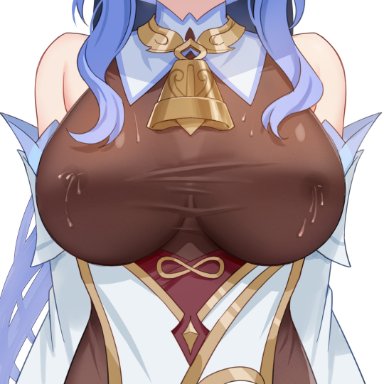 genshin impact, ganyu (genshin impact), 1girls, blue hair, breast focus, daidai, lactating, lactation, milk, nipples visible through clothing, no bra, simple background, solo, transparent clothing