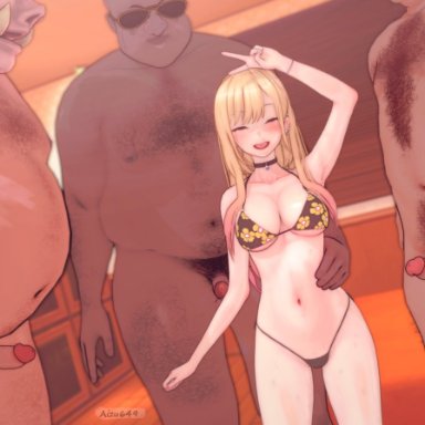 sono bisque doll wa koi wo suru, kitagawa marin, aizu649, age difference, bikini, blonde hair, breasts, clothed female nude male, fat man, hairy, hairy balls, hairy chest, hairy male, imminent sex, interracial