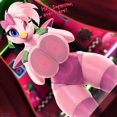 five nights at freddy's, steel wool studios, glamrock chica (fnaf), thousandfoldfeathers, 1girls, anthro, areola, areolae, ass visible through thighs, avian, avian humanoid, beak, belly button, big breasts, bird