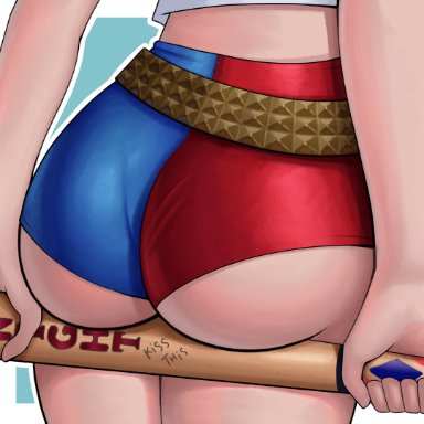 dc, dc comics, dc extended universe, harley quinn, mwxxxart, 1girls, ass, ass focus, ass support, booty shorts, clothed, clothing, female, female only, panties