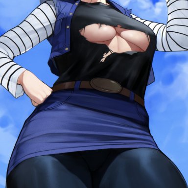 dragon ball, dragon ball z, android 18, yoshi55level, 1girls, big breasts, blonde hair, blue eyes, breasts, female, female focus, female only, ripped clothing, short hair, skirt