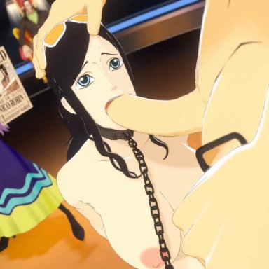 one piece, nico robin, dv89, 1female, 1girl, 1girls, areola, blowjob, chain leash, chained, collar, deep throat, deepthroat, face fucking, fellatio