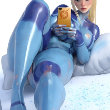 metroid, nintendo, samus aran, popogori, 1girls, big breasts, bimbo, blonde hair, blue eyes, bodypaint, breasts, female, female only, holding object, human