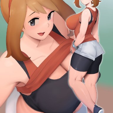 game freak, nintendo, pokemon, pokemon rse, may (pokemon), moebell, 1girls, blue eyes, bra, female, female focus, female only, hair ribbon, huge breasts, medium hair