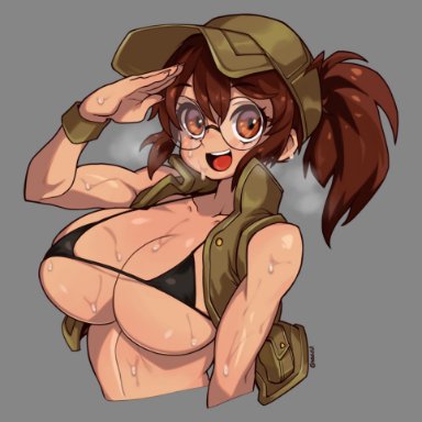 metal slug, fio germi, waa153, 1girls, big breasts, black bikini top, breasts, brown eyes, brown hair, cap, glasses, looking at viewer, partially undressed, ponytail, smiling at viewer