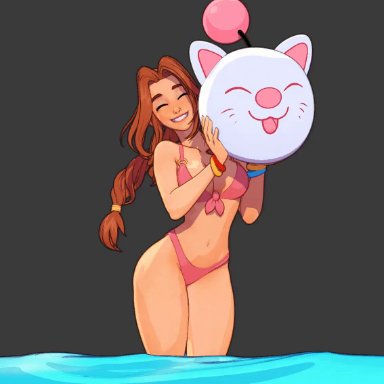 final fantasy, final fantasy vii, square enix, aerith gainsborough, moogle, dan eder, 1girl, 1girls, ass, ball, belly button, bikini, bracelet, braid, breasts