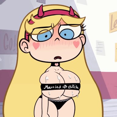 star vs the forces of evil, star butterfly, steca, thelazyart, 1girl, big breasts, blonde hair, blue eyes, bra, cleavage, eyebrows visible through hair, fake horns, female, female focus, female only