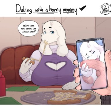 undertale, toriel, cumbread, 1boy, 1girls, 4 fingers, anthro, big breasts, big penis, blue eyes, breasts, furry, goat, licking penis, looking at viewer