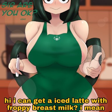 my hero academia, starbucks, tsuyu asui, m300art, apron, areola slip, ass, big ass, big breasts, big butt, black eyes, blush, breasts, closed mouth, frog girl