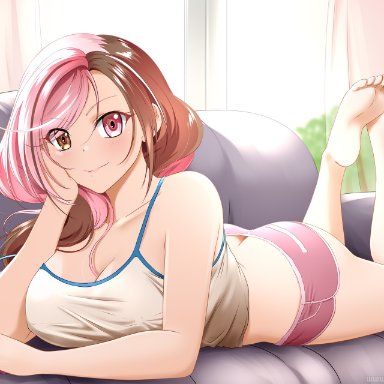 rwby, neo (rwby), kimmy77, ass cleavage, big ass, big breasts, butt crack, colored hair, couch, dat ass, heterochromia, laying on stomach, looking at viewer, no bra, no panties