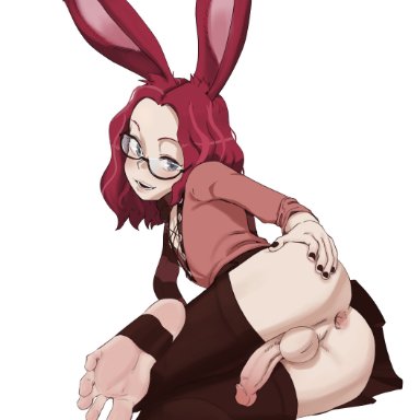 skk, anthro, anus, ass, balls, black fingernails, black toenails, blush, bunny ears, feet, femboy, girly, glasses, male, penis