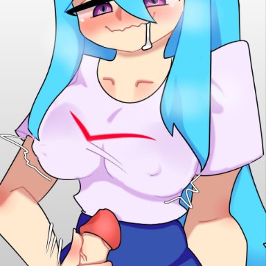 friday night funkin, sky (friday night funkin), artist request, 1futa, absolute territory, balls, big breasts, big penis, blue hair, breasts, clothed, clothing, drooling, erection, futa only