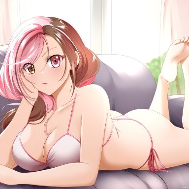 rwby, neo (rwby), kimmy77, big ass, big breasts, bikini, colored hair, couch, dat ass, heterochromia, laying on stomach, looking at viewer, string bikini, thick thighs