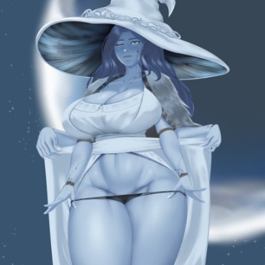 elden ring, ranni the witch, mrsithums, big hat, black panties, blue skin, child bearing hips, clavicle, cleavage, closed eye, clothes, clothes grab, colored skin, cracks, cropped legs