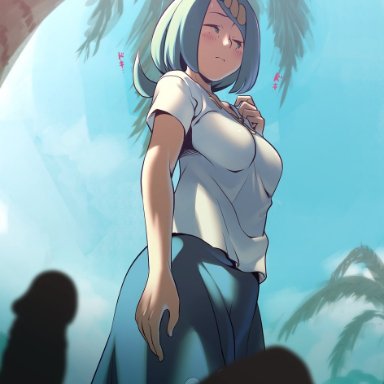 pokemon, pokemon (anime), pokemon sm (anime), lana's mother (pokemon), e keroron, 1boy, aroused, blue eyes, blue hair, blue skirt, blush, breasts, closed mouth, day, erection