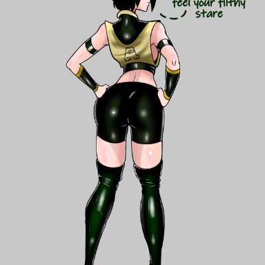 avatar the last airbender, the legend of korra, toph bei fong, once (artist), angry, back view, big ass, big butt, black hair, blind, grey eyes, high heel boots, high heels, looking at viewer, looking back