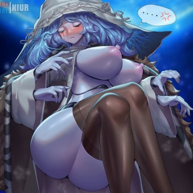 elden ring, fromsoftware, ranni the witch, niur, 4 arms, angry, blue background, blue hair, blue skin, blush, clothing, detailed background, embarrassed, erect nipples, exposed breasts