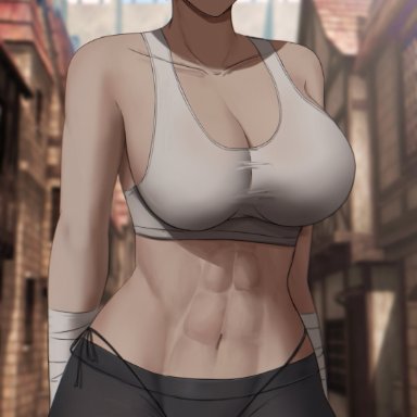 attack on titan, shingeki no kyojin, mikasa ackerman, savagexthicc, 1girls, abs, big breasts, black hair, female, female only, g-string, large breasts, looking at viewer, midriff, navel