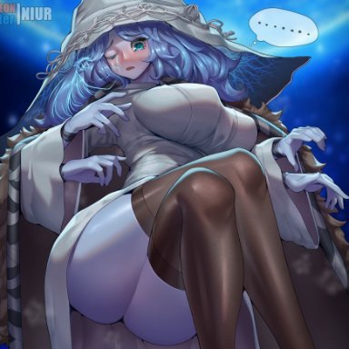 elden ring, fromsoftware, ranni the witch, niur, 1girls, 4 arms, blue background, blue eyes, blue hair, blue skin, blushing, clothed, detailed background, embarrassed, large ass