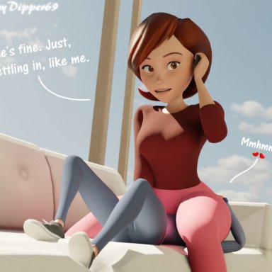 disney, pixar, the incredibles, helen parr, violet parr, skinnydipper69, 2girls, ass, brown hair, couch, facesitting, incest, mother and daughter, on phone, spoken heart