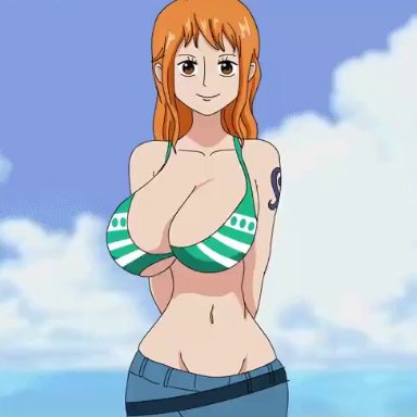 one piece, nami, smarthoney, 1female, 1girl, 1girls, areola, bikini, bikini lift, bikini top, bouncing breasts, cleavage, female only, huge breasts, jeans