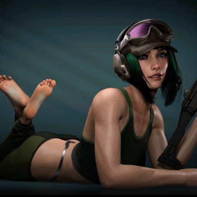 rainbow six siege, ela (rainbow six), necdaz91, 1girls, barefoot, blue eyes, cap, clothed, feet, female, female only, freckles, goggles, goggles on head, green hair