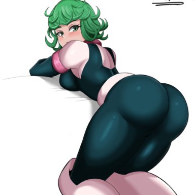 my hero academia, one-punch man, ochako uraraka, tatsumaki, sol-sama d2, 1girls, alternate costume, ass, big ass, blush, bodysuit, breasts, cosplay, green hair, short hair