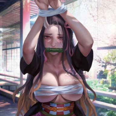 demon slayer, kimetsu no yaiba, kamado nezuko, xixi, aged up, arms up, bandeau, big breasts, black hair, bound, bound wrists, cleavage, covered nipples, demon girl, detailed background