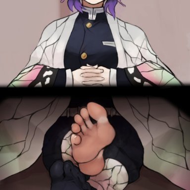 demon slayer, kimetsu no yaiba, kochou shinobu, scas, barefoot, black hair, feet, female, female only, fully clothed, haori, interlocked fingers, long hair, looking at viewer, multicolored skin