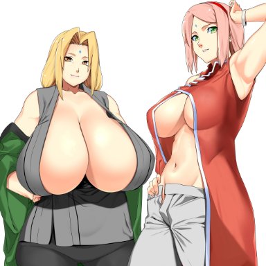 boruto: naruto next generations, naruto, naruto (series), sakura haruno, tsunade, artist request, big breasts, blonde hair, breasts, breasts bigger than head, brown eyes, center opening, clothed, clothed female, curvaceous