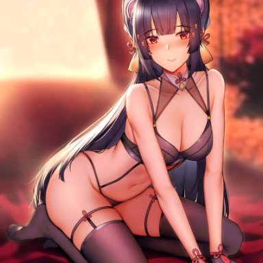 genshin impact, yun jin (genshin impact), yunjin (genshin impact), 1girls, blush, gloves, kneeling, lingerie, looking at viewer, medium breasts, panties, purple hair, stockings, thigh strap, thighhighs