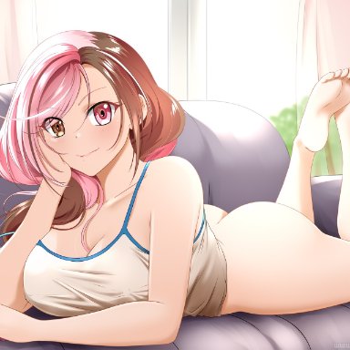 rwby, neo (rwby), kimmy77, big ass, big breasts, bottomless, bottomless female, colored hair, couch, crop top, dat ass, heterochromia, laying on stomach, looking at viewer, no panties